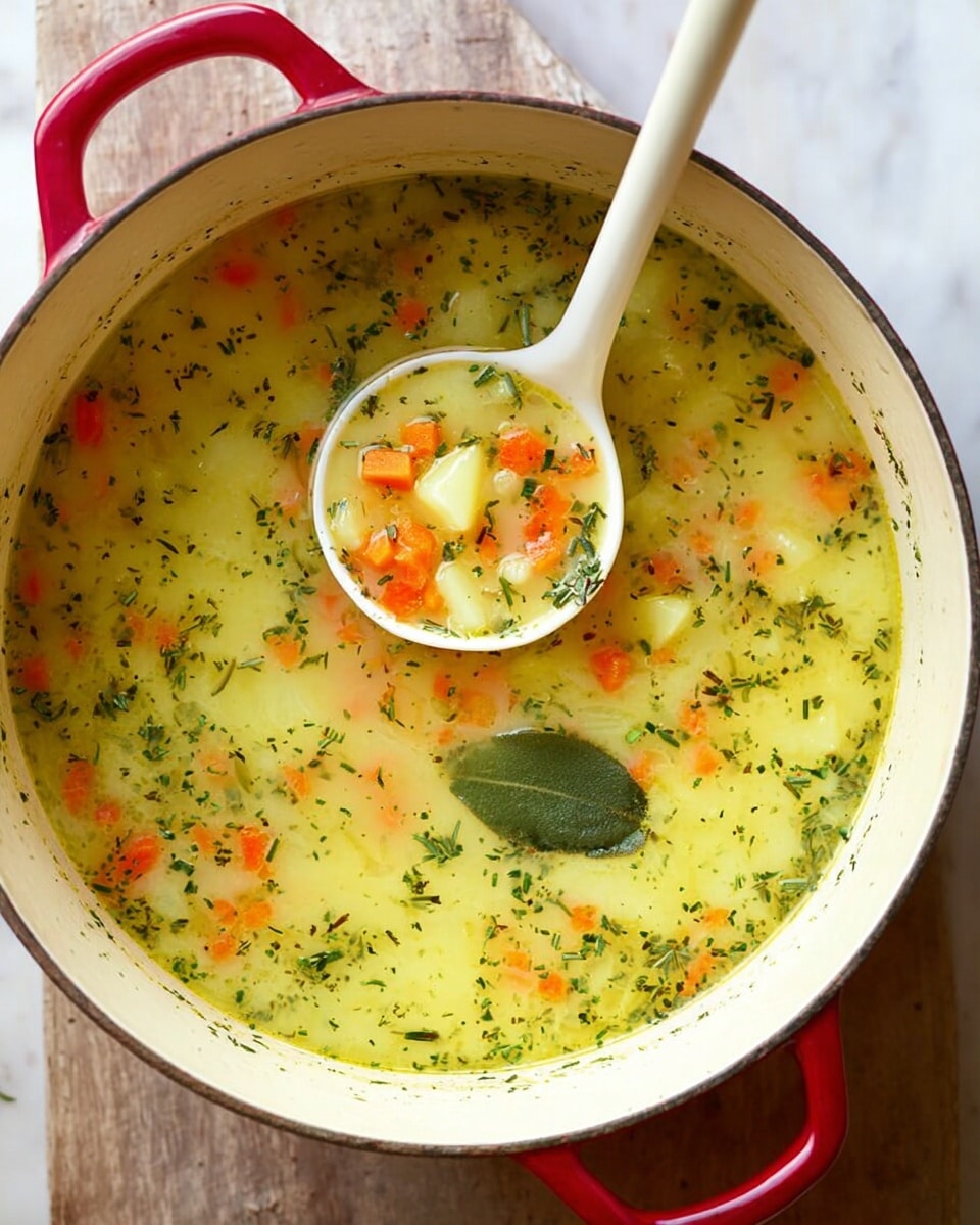 A large white pot with red handles is filled with light yellow soup that contains small orange carrot pieces and light yellow potato cubes, sprinkled with green herbs throughout. A white ladle inside the pot holds a portion of the soup, showing the colorful bits and the herb flakes clearly. A single whole green herb leaf floats near the bottom of the pot. The pot is placed on a white marbled surface. photo taken with an iphone --ar 4:5 --v 7