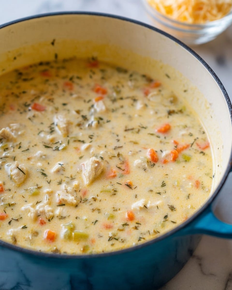 A white bowl filled with creamy chicken and vegetable soup sits on a white marbled surface. This soup has a thick, creamy base with visible small chunks of light beige chicken pieces scattered throughout. Bright orange carrot slices and small green celery pieces are mixed into the soup, adding color and texture. On top, the soup is garnished with fresh green parsley leaves, black pepper, a sprig of rosemary on one side, and a few thin, pale yellow shavings of cheese. The soup looks warm and hearty, with the vegetables and chicken evenly spread in the creamy broth. Photo taken with an iphone --ar 4:5 --v 7