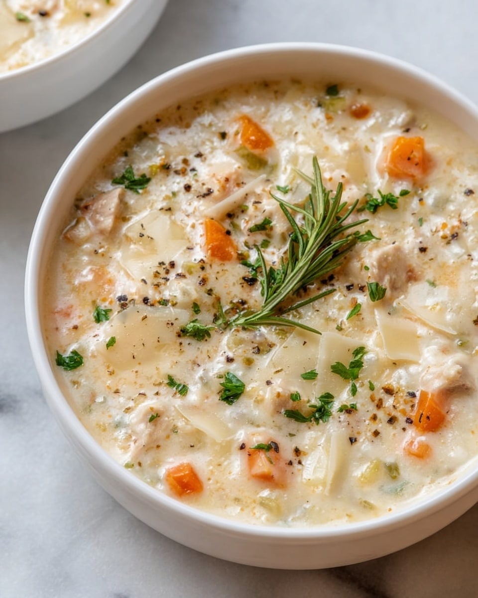 A close-up view shows a thick creamy soup inside a blue pot with a white inside. The soup has a rich, smooth light yellow base with small soft chunks of white meat, orange carrot pieces, and green celery bits evenly mixed throughout. Tiny black and green herb flakes are scattered in the soup, adding texture. The pot is placed on a white marbled surface, and a clear bowl with shredded cheese is slightly blurred in the background. photo taken with an iphone --ar 4:5 --v 7