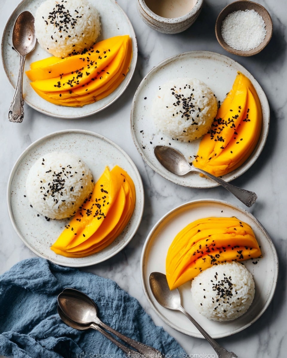 The image shows four white plates on a white marbled surface, each plate holding a round dome of sticky white rice sprinkled with black sesame seeds on top. Next to the rice, sliced bright orange mango pieces are neatly arranged, also sprinkled with black sesame seeds. Each plate has a silver spoon placed beside or on the edge, and two small bowls with white and black ingredients sit near the top right of the image. The texture of the rice is smooth and glossy, while the mango slices are soft and slightly shiny. A blue cloth is placed at the lower left corner with two additional spoons on the white marbled surface. Photo taken with an iphone --ar 4:5 --v 7