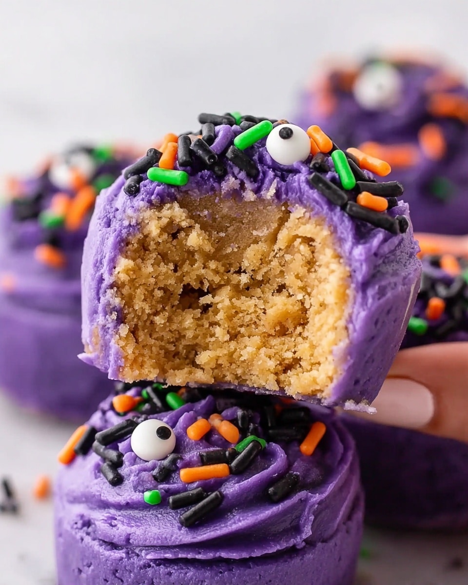There are several round purple cake balls with a smooth texture placed on a white marbled surface. Each ball is decorated with a swirl of purple frosting lines on top, some topped with colorful sprinkles in green, orange, black, and purple, and one large edible white eye with a black center on each ball. In the background, some purple cake balls rest in a shiny silver metal bowl, along with a black and white checkered cloth nearby. To the right, two light beige sandwich cookies lie flat on the surface. Scattered colorful sprinkles surround the cake balls, adding a playful and fun touch to the scene. photo taken with an iphone --ar 4:5 --v 7