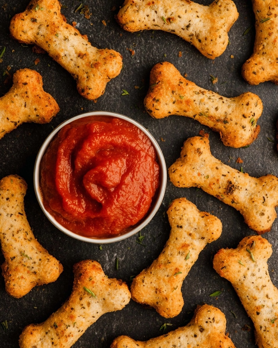 The image shows six golden brown breadsticks shaped like bones, each sprinkled with some small white cheese flakes and herbs, placed on a dark gray baking tray. In the top left corner, a small white bowl filled with thick red sauce and tiny green herb bits sits next to the breadsticks. The surface below the tray is a white marbled texture. photo taken with an iphone --ar 4:5 --v 7