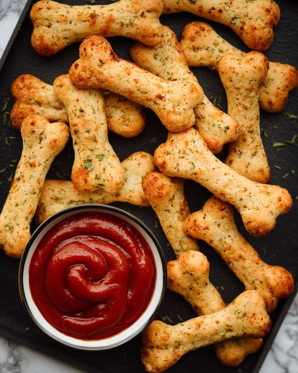 The image shows a black tray holding many crispy, golden-brown biscuit sticks shaped like bones scattered around. Each bone-shaped biscuit has a slightly rough, crunchy texture with small green herb flakes on top. On the bottom left side of the tray sits a small white bowl filled with thick, smooth, deep red ketchup swirled in a spiral. The tray contrasts with the biscuits, making their warm color stand out vividly. The background is a white marbled texture. photo taken with an iphone --ar 4:5 --v 7