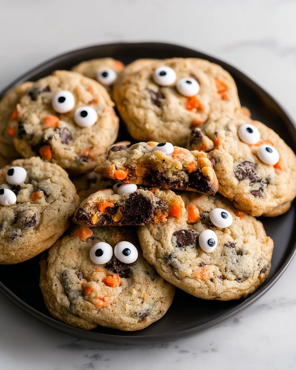 A woman’s hand holds a round cookie with a rough texture mixed with orange and black bits and large dark brown spots, with two small white candy eyes near the top center of the cookie; in the background, more similar cookies with candy eyes are stacked on a white plate on a white marbled surface, with blurry decorations like candles and a skull adding a spooky theme. photo taken with an iphone --ar 4:5 --v 7