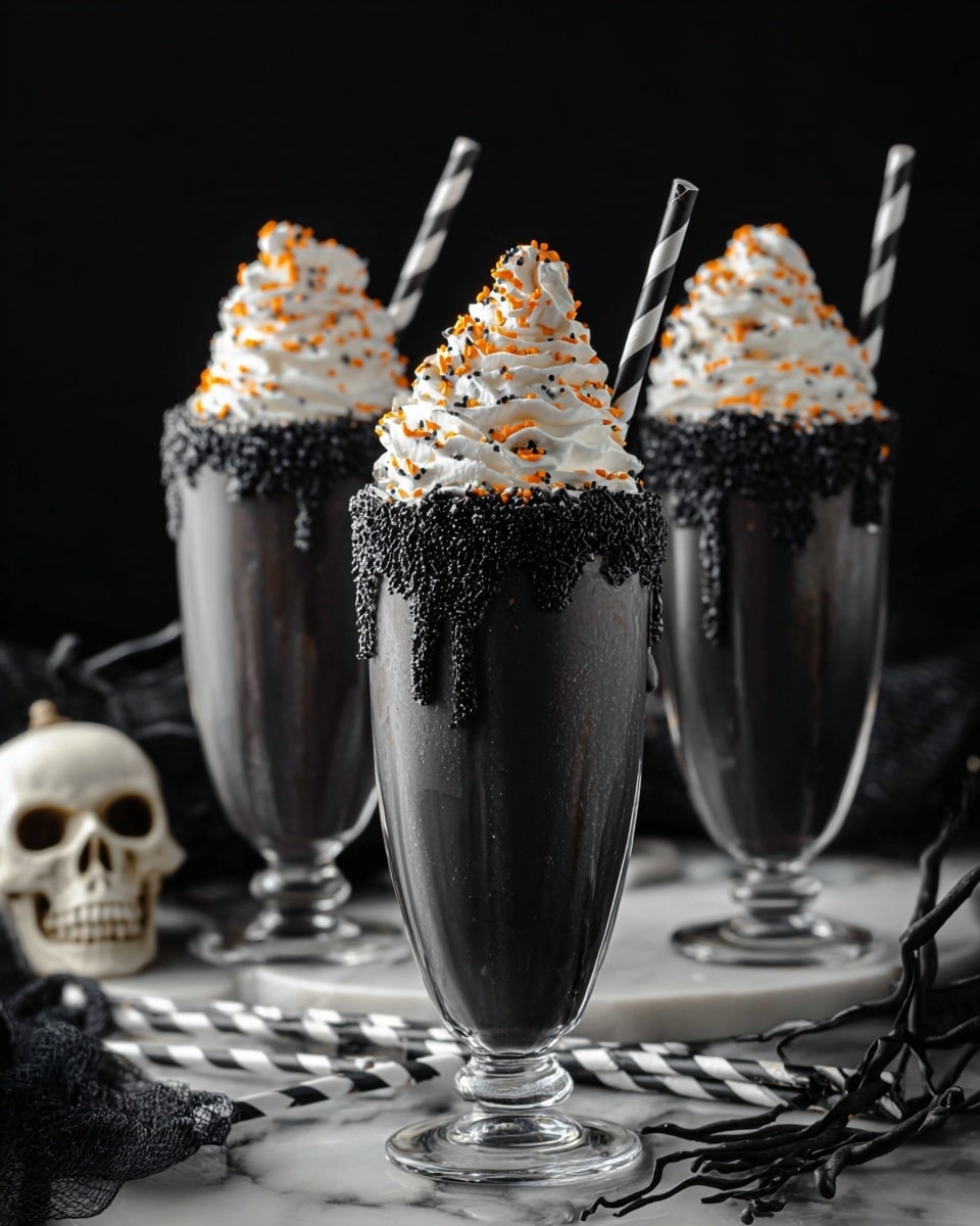 The image shows three tall clear glasses filled with a thick black milkshake. Each glass is topped with a large swirl of white whipped cream, sprinkled with small round orange and black sprinkles. The top rims of the glasses are coated with a dark crumbly substance, with some drips running down the sides. Each drink has a black and white striped straw placed upright in the whipped cream. The background includes a blurred orange pumpkin and the surface is a white marbled texture. photo taken with an iphone --ar 4:5 --v 7