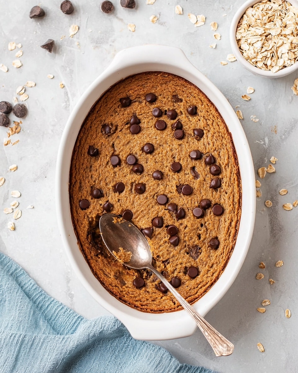 The image shows a single-layered, oval-shaped baked dessert with a golden brown color inside a white octagonal dish. The surface is smooth with small cracks and is topped with scattered dark chocolate chips that add spots of dark brown color. Around the dish, there are small piles of oats on the white marbled surface, and a silver spoon is placed on the lower right side near a blue cloth. The setting is simple and clean with soft natural light. photo taken with an iphone --ar 4:5 --v 7