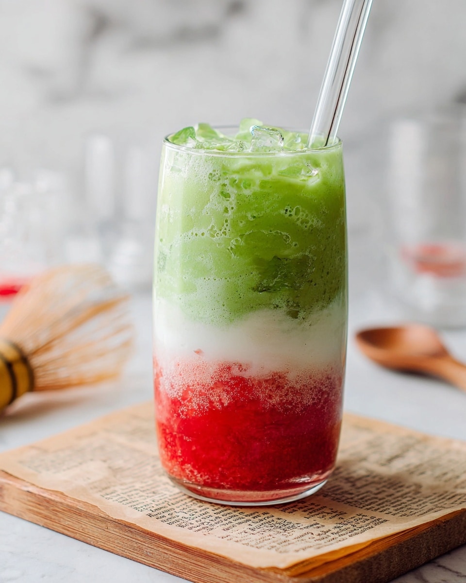 A clear glass filled with a layered iced drink sits on a wooden tray. The drink has three visible layers: a bottom layer of bright green smoothie, a middle thick and textured red layer, and another green layer on top with ice cubes floating in it. A clear glass straw is inserted into the drink. Next to the glass on the tray, there is a white plate holding a square piece of dark chocolate with light brown spots, and a small wooden spoon lies nearby. The whole scene is set on a white marbled surface. photo taken with an iphone --ar 4:5 --v 7