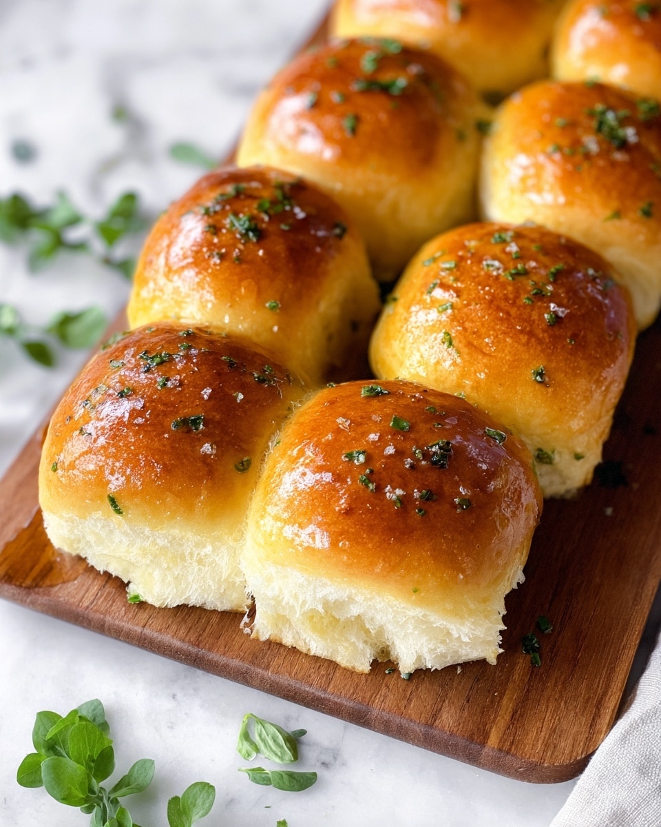 A group of shiny, golden-brown dinner rolls sits closely together on a wooden board, showing about one layer of soft bread with a smooth and fluffy inside texture where one roll is pulled apart. The tops have a warm, glossy shine and are sprinkled with small bits of green herbs and garlic, adding color and texture contrast. The board is placed on a white marbled surface with a few green herb leaves scattered around, giving a fresh and simple look. Photo taken with an iphone --ar 4:5 --v 7