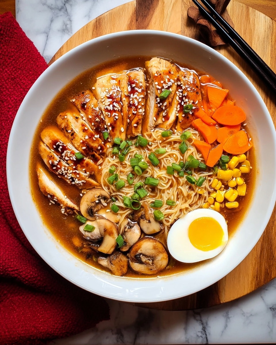 A white bowl filled with clear brown broth holding a nest of thin light yellow noodles in the center. Around the noodles, there are thinly sliced cooked chicken pieces glazed with a shiny dark sauce and sprinkled with white sesame seeds on the right side. On the left side, there are bright orange thin carrot sticks, sliced brown mushrooms, small yellow corn kernels, and chopped green onions. At the bottom, two halves of a soft-boiled egg with bright yellow yolks and white edges are placed, also drizzled with the dark sauce and sesame seeds. The bowl sits on a white marbled surface with a red cloth partially visible beneath it photo taken with an iphone --ar 4:5 --v 7
