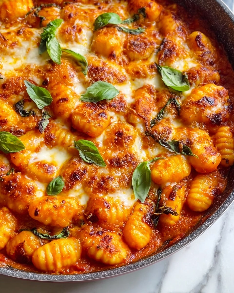 A close-up view of a skillet filled with golden orange gnocchi pieces covered in melted, slightly browned cheese and rich red tomato sauce. Bright green basil leaves scattered on top add a fresh touch. The texture of the gnocchi is soft and slightly ridged, with some lightly crisped edges from cooking. The cheese is creamy and bubbling, melting smoothly into the sauce below, which looks thick and chunky with visible bits of tomato. The skillet is placed on a white marbled surface, and the overall look is warm, hearty, and inviting. photo taken with an iphone --ar 4:5 --v 7
