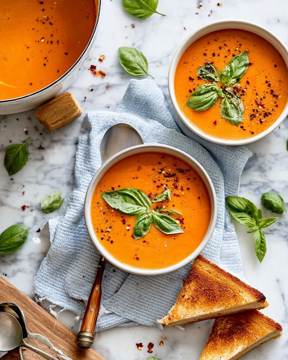 The image shows two white bowls filled with smooth orange tomato soup, each bowl topped with bright green basil leaves and sprinkled with black pepper and red chili flakes. One bowl is placed on a soft blue and white striped cloth with a wooden-handled spoon resting on it, and next to it are two toasted triangular sandwiches with golden-brown crusts. The bowls and food sit on a white marbled surface scattered with fresh basil leaves. Part of a larger pot of soup with similar toppings is visible in the top left corner, along with a metal spoon on a wooden board in the lower-left area. Photo taken with an iphone --ar 4:5 --v 7