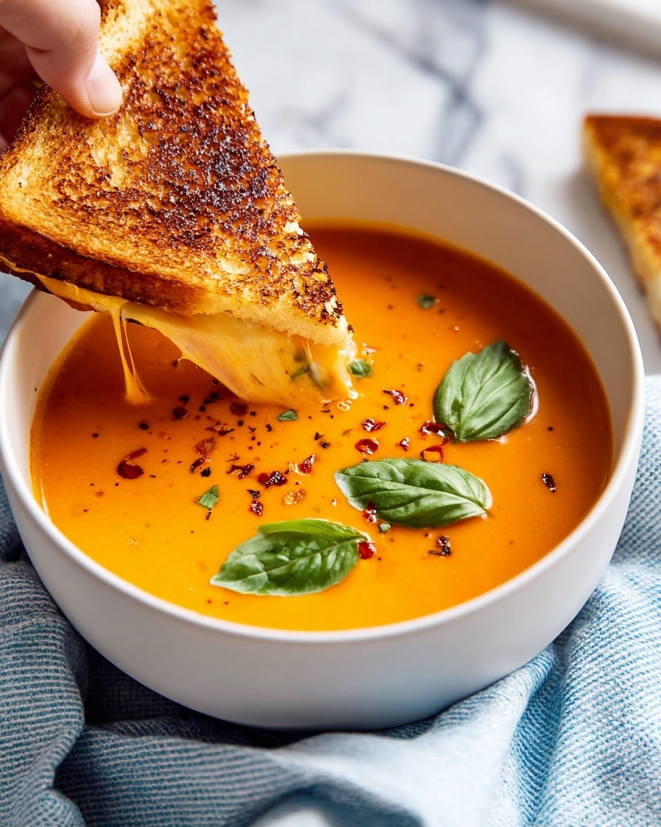 A white bowl holds smooth orange soup with four green basil leaves floating on top, sprinkled with black pepper and red chili flakes. A toasted sandwich with a golden brown crust is being dipped into the soup by a woman's hand, with the melted cheese stretching between the sandwich and soup. The bowl is placed on a light blue and white striped cloth on a white marbled surface. photo taken with an iphone --ar 4:5 --v 7