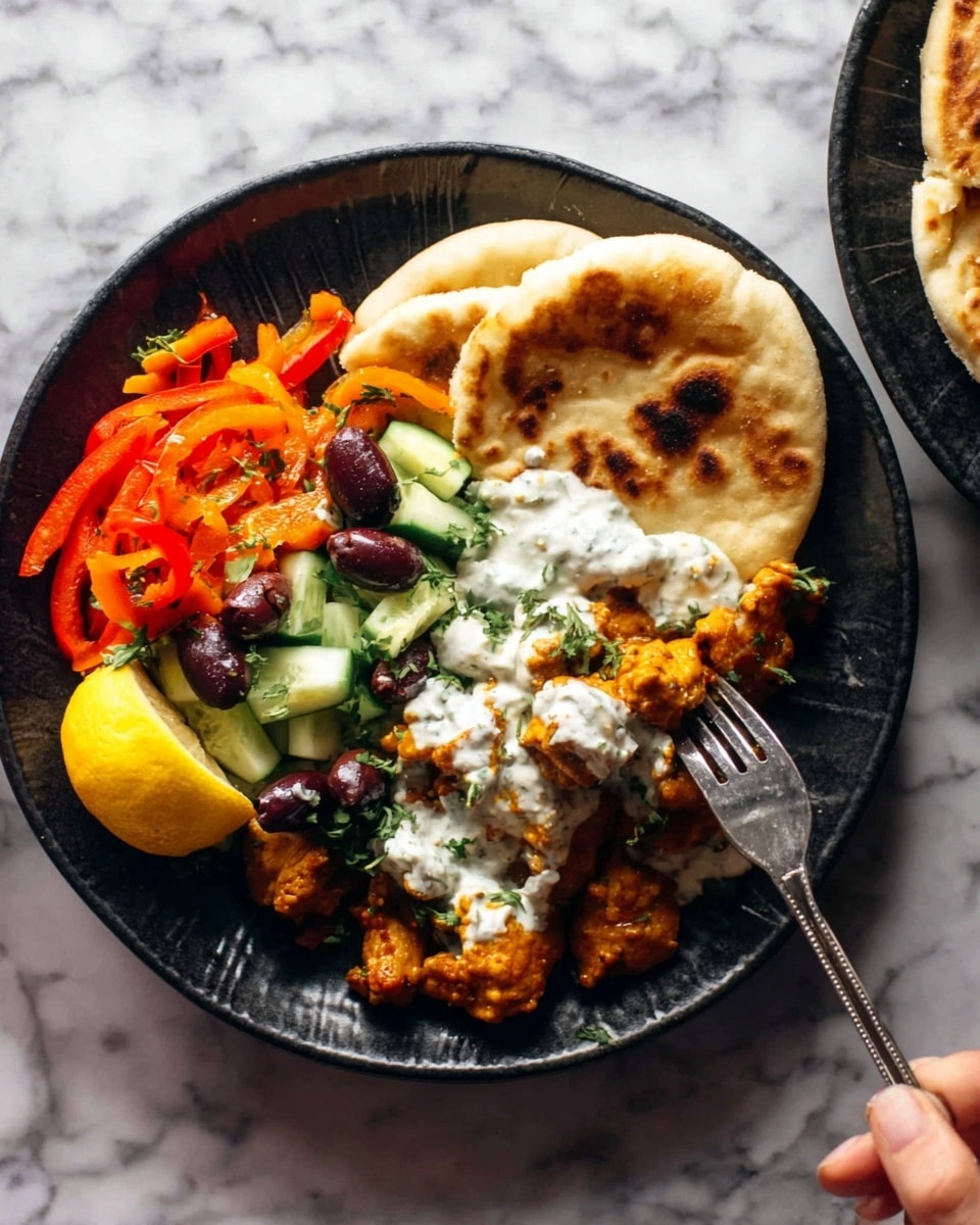 Two white plates each with a layered meal are shown on a white marbled textured surface. Each plate has a fold of light beige flatbread on the side with small brown grill marks. The bottom layers include seasoned golden-brown cooked chicken pieces. On top of the chicken, there are bright red cooked pepper strips, dark purple olives, and a lemon wedge near the edge of the flatbread. Fresh cucumber pieces cut into small cubes add a green color beside the other ingredients. A large dollop of white sauce with small green herb bits is spread in the center of the plate, partially covering the chicken and vegetables. Some small white crumb-like bits are scattered across the dish. Photo taken with an iphone --ar 4:5 --v 7