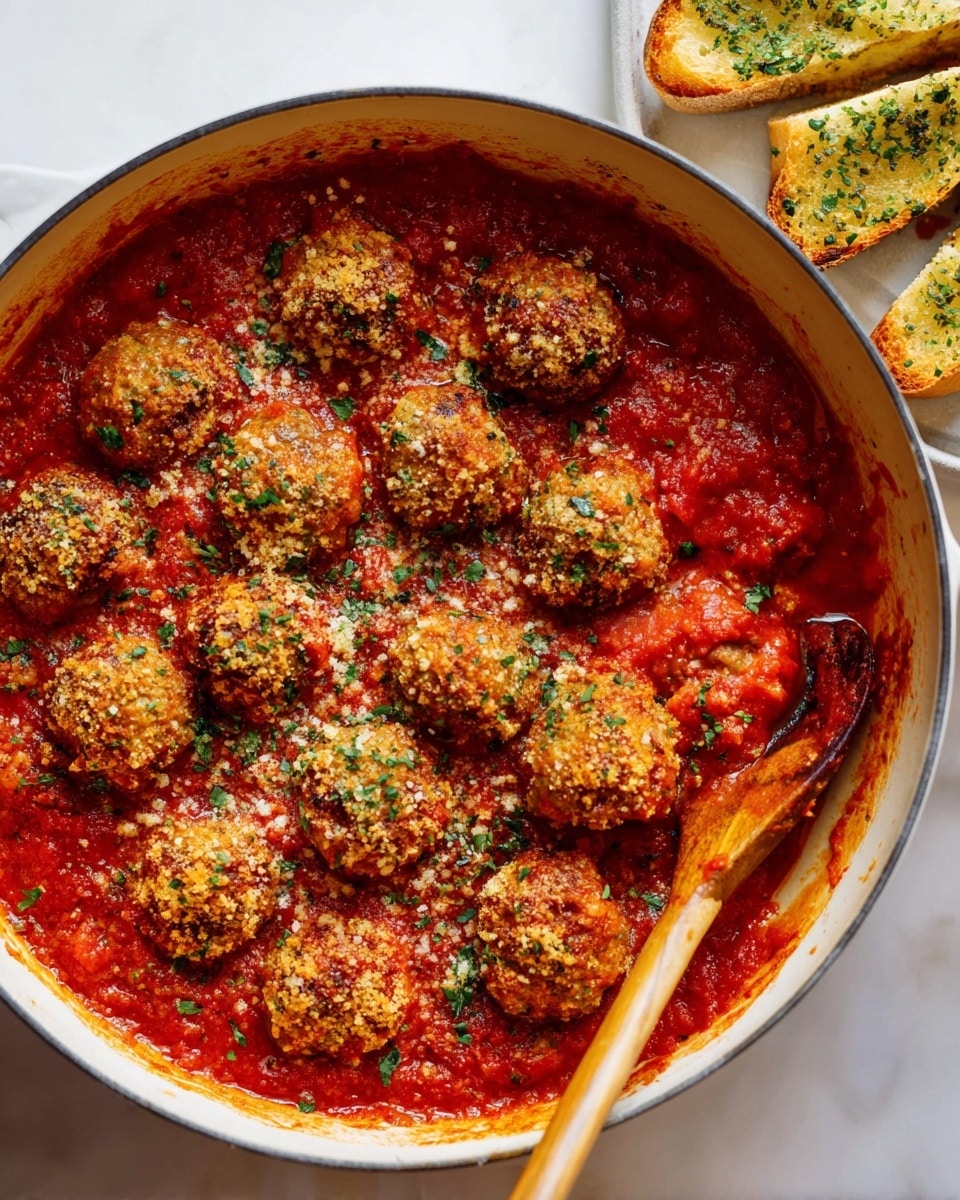 A deep round red pot filled with a layer of bright red tomato sauce with visible meatballs underneath, sprinkled generously with small white grated cheese all over the top. A woman's hand holds a gold spoon above the pot, adding more grated cheese. The pot sits on a white marbled surface. Photo taken with an iphone --ar 4:5 --v 7