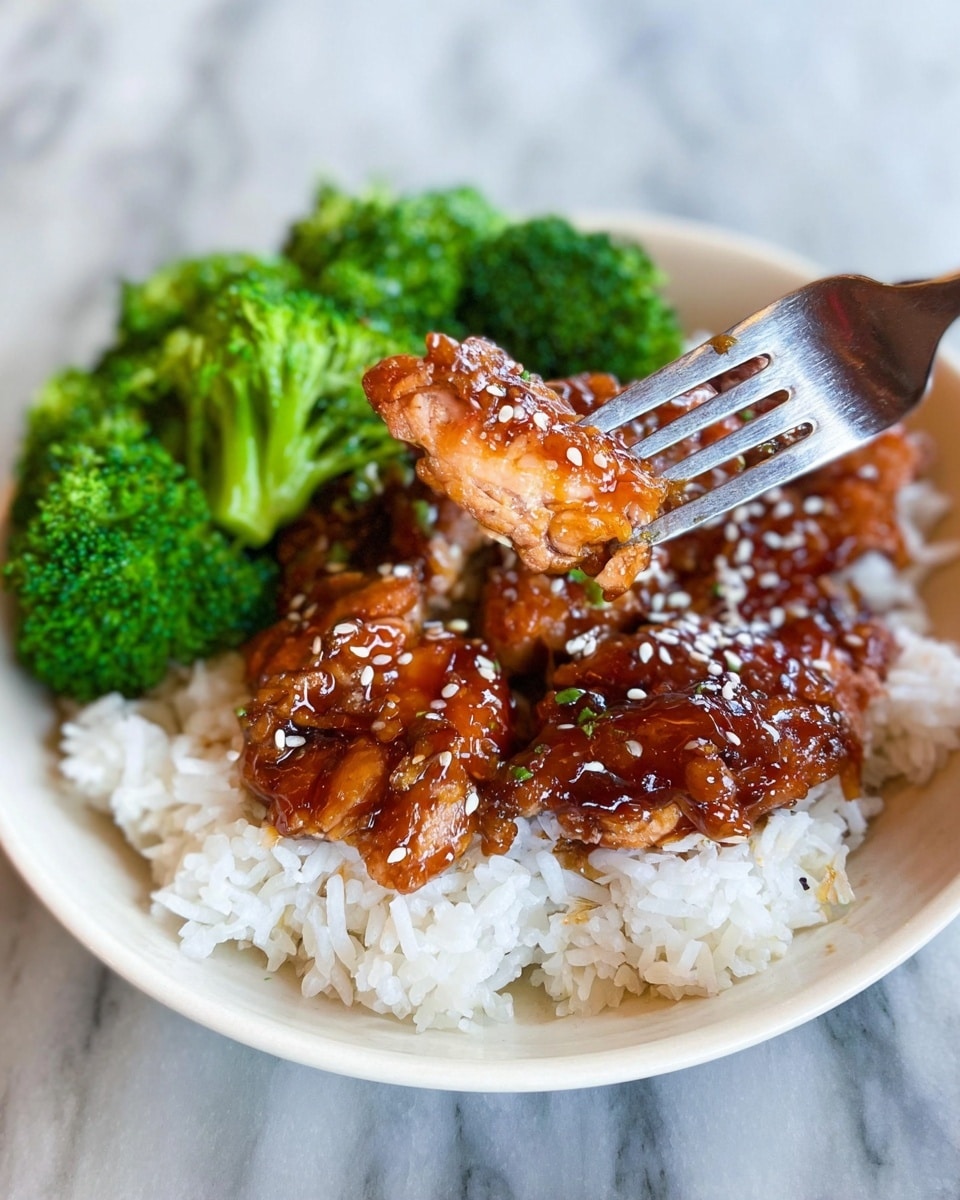 A white plate holds a neat bed of white rice as the bottom layer, topped with several pieces of glazed, browned chicken with a shiny sauce sprinkled with white sesame seeds. Vibrant green steamed broccoli is placed on the side of the chicken. A fork lifts a piece of the glazed chicken above the plate, showing the texture and shine of the sauce. The plate is set on a white marbled surface. photo taken with an iphone --ar 4:5 --v 7