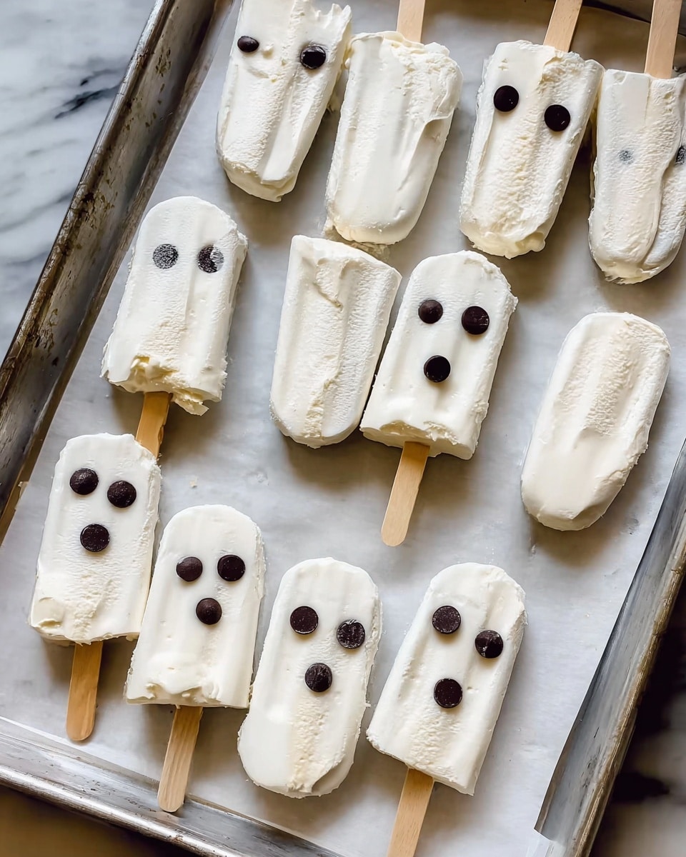 The image shows 13 popsicles arranged on a baking tray lined with parchment paper. Each popsicle is coated with a thick, white creamy layer that looks slightly uneven with soft, smooth texture. Some popsicles have two or three dark round chocolate chips placed on their top surface. Two of the popsicles near the center have soft shapes like skulls, also covered in the white cream, each with two dark round chocolate chips as eyes. The rest of the popsicles are simple rectangular shapes with rounded edges and creamy white coating on top. All popsicle sticks are light wooden sticks, protruding from the bottom of each popsicle. The tray sits on a white marbled surface. photo taken with an iphone --ar 4:5 --v 7