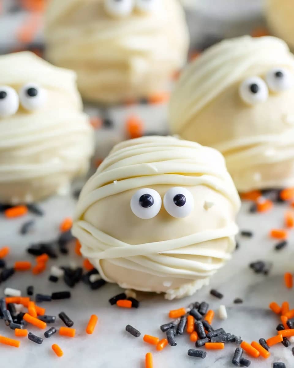 The image shows a close-up of white chocolate-covered cake pops. The front cake pop has a bite taken out, revealing a light beige, soft and crumbly cake inside. Behind it, there are two full cake pops decorated with white chocolate lines and cute candy eyes, giving a playful character look. The cake pops sit on a white marbled surface scattered with small round and rod-shaped sprinkles in black, orange, and gray colors. The texture of the white chocolate coating is smooth, and the overall look is festive and inviting. photo taken with an iphone --ar 4:5 --v 7