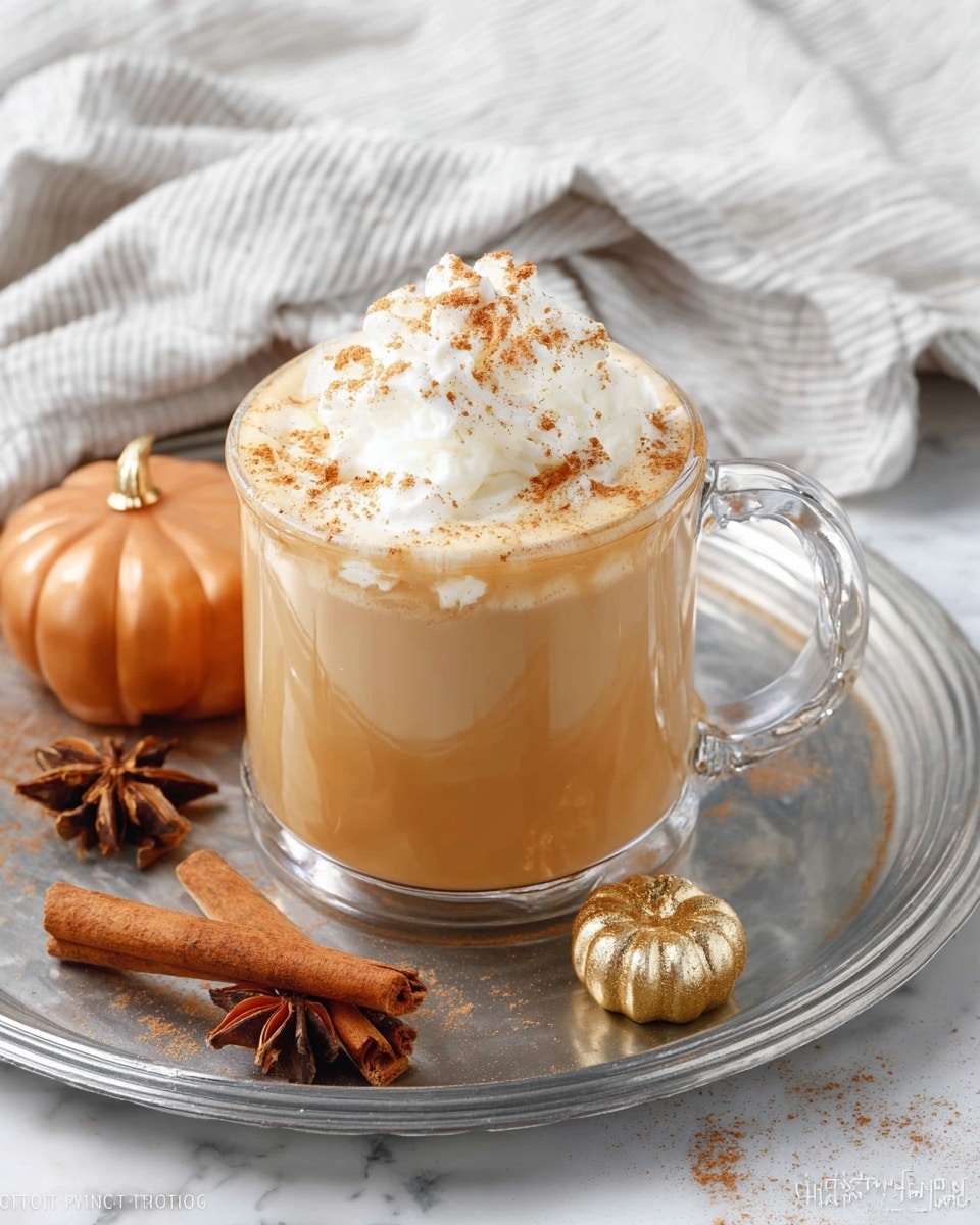 The image shows two clear glass mugs filled with creamy orange pumpkin spice latte, each topped with a thick layer of white whipped cream. On top of the whipped cream, there is a sprinkle of brown cinnamon powder and a light drizzle of golden syrup. The mug in the foreground is being stirred gently with a small gold spoon held by a woman's hand, causing the whipped cream and spices to mix slightly. The mugs are set on a large white plate with small decorative golden pumpkins and a cinnamon stick nearby, all placed on a white marbled surface. A soft beige cloth is partially visible in the background near the top edge of the image photo taken with an iphone --ar 4:5 --v 7