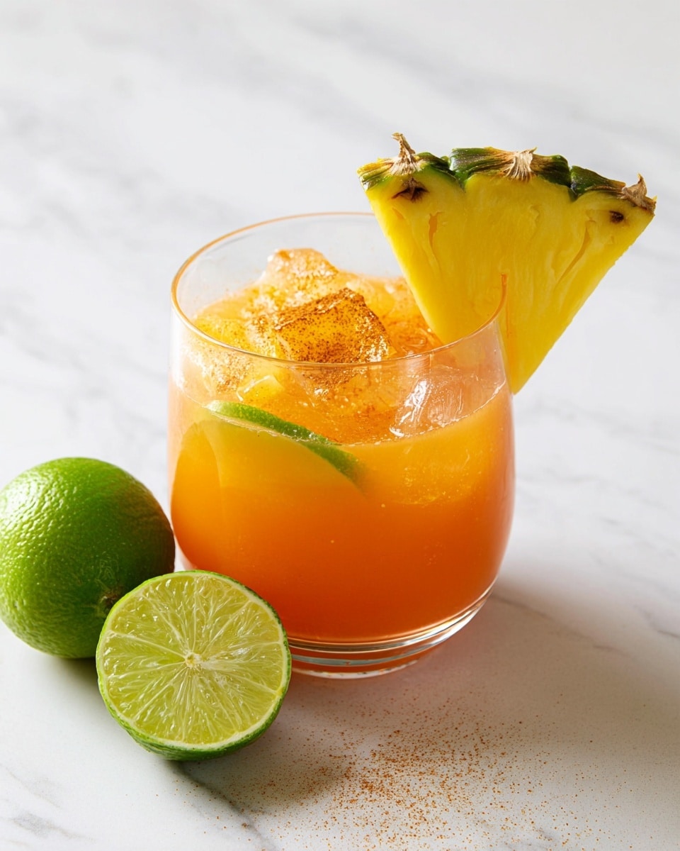 A short clear glass filled with orange-colored liquid and several ice cubes is seen on a white marbled surface. Inside the drink, there are thin slices of green lime and orange, partially submerged. A triangular slice of fresh pineapple with green top skin is placed on the glass rim. The surface of the drink is lightly sprinkled with a fine brown powder. Beside the glass, there is a whole green lime and a lime half showing its juicy light green inside. The photo taken with an iphone --ar 4:5 --v 7