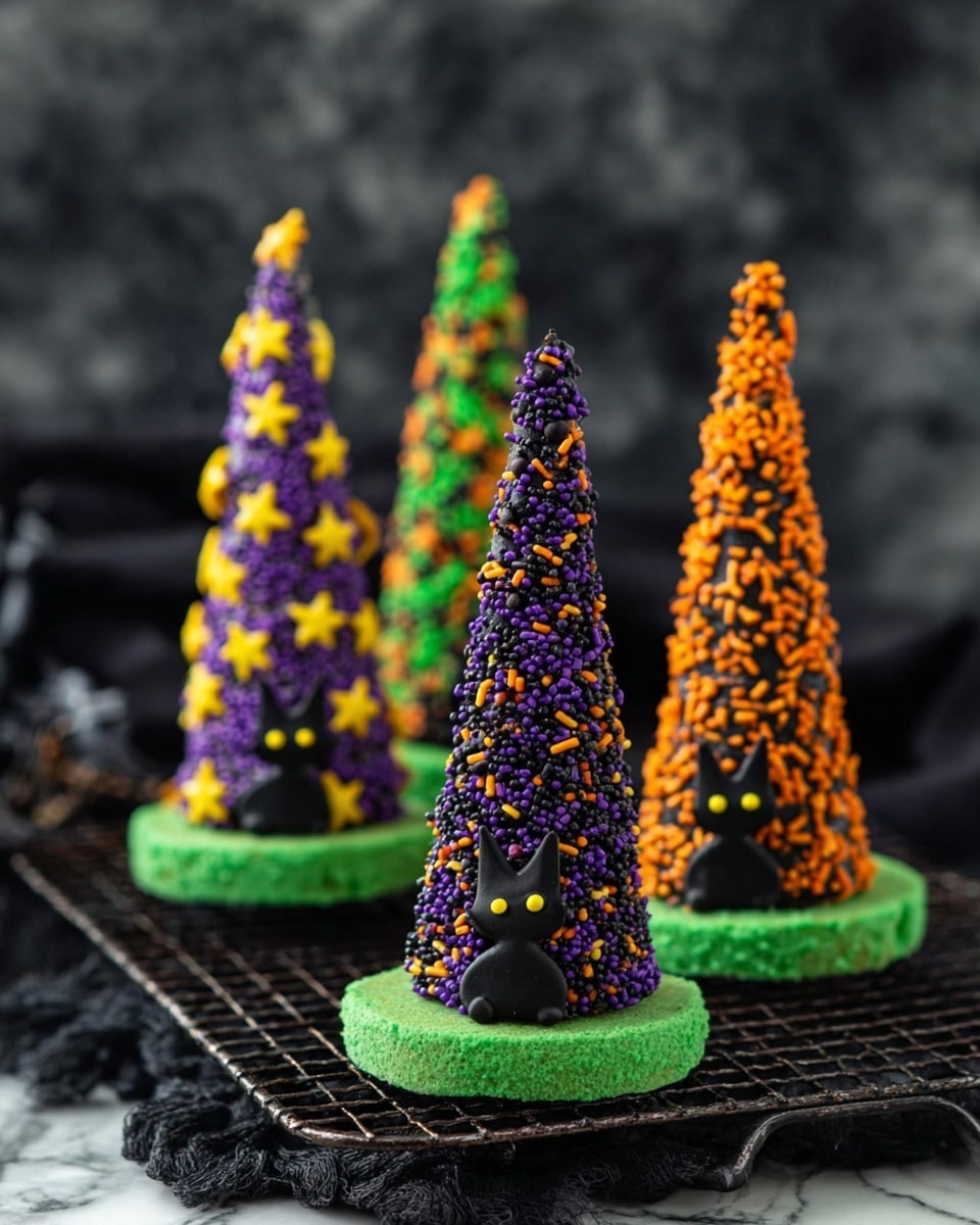 The image shows a tall cone-shaped treat made of black chocolate, decorated with small yellow star sprinkles and larger yellow star-shaped candies scattered all over. There are purple rod-shaped sprinkles also placed around the cone. At the base, a thick green sugar-coated ring wraps the cone, giving the look of grass. A small black candy cat with bright yellow eyes sits at the front base of the cone. The treat is placed on a white marbled surface, with a soft dark background and blurred similar cones decorated with different colors. photo taken with an iphone --ar 4:5 --v 7