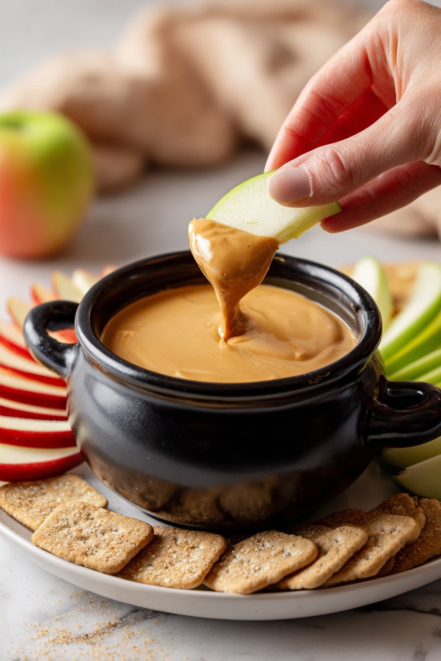 A small black pot with a handle holds a thick, creamy, light brown dip with a smooth texture, and a woman's hand is dipping a green apple slice into it. The pot is placed on a white plate with dry beige crackers in the foreground, red apple slices to the left, and more green apple slices to the right. The background shows a soft, warm light and a white marbled surface. Photo taken with an iphone --ar 2:3 --v 7 - Creamy Pumpkin Dip, fall appetizer, pumpkin dip recipe, easy pumpkin dip, holiday party dips