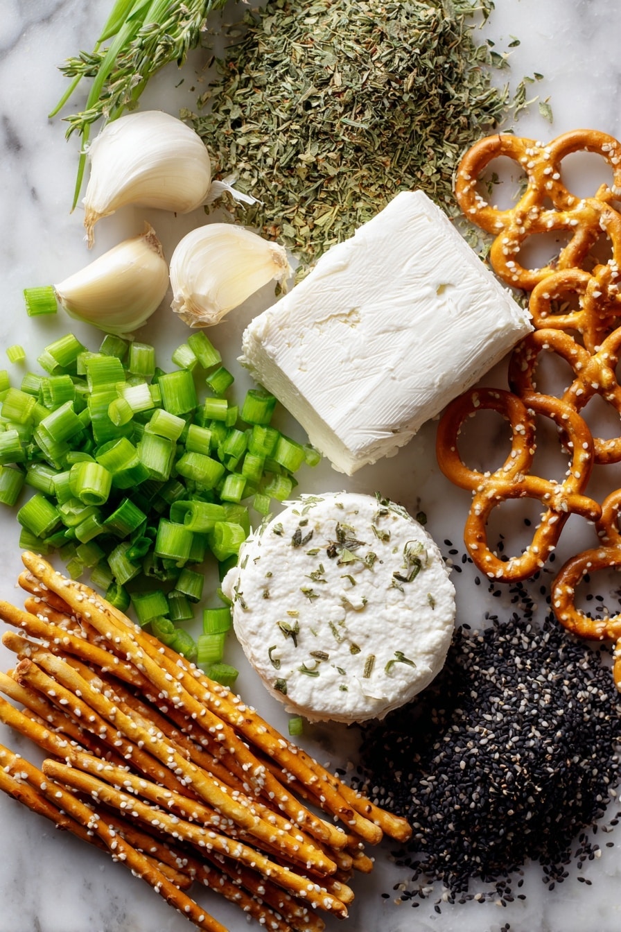 Flat lay of two blocks of creamy white cream cheese, a small wheel of soft goat cheese with a delicate rind, bright green chopped scallions with crisp texture, several peeled garlic cloves showing smooth, pale ivory surfaces, a small pile of dried greenish dill weed, scattered dried oregano leaves in muted green hues, a neat heap of shiny black sesame seeds with a glossy texture, and a bundle of golden pretzel sticks with a crunchy, twisted texture, all beautifully arranged in natural clusters and gentle overlaps, placed on white marbled surface, photo taken with an iphone --ar 2:3 --v 7 - Spider Cheeseballs for Halloween, Halloween appetizer ideas, spooky cheese ball recipes, easy Halloween party snacks, creepy Halloween appetizers