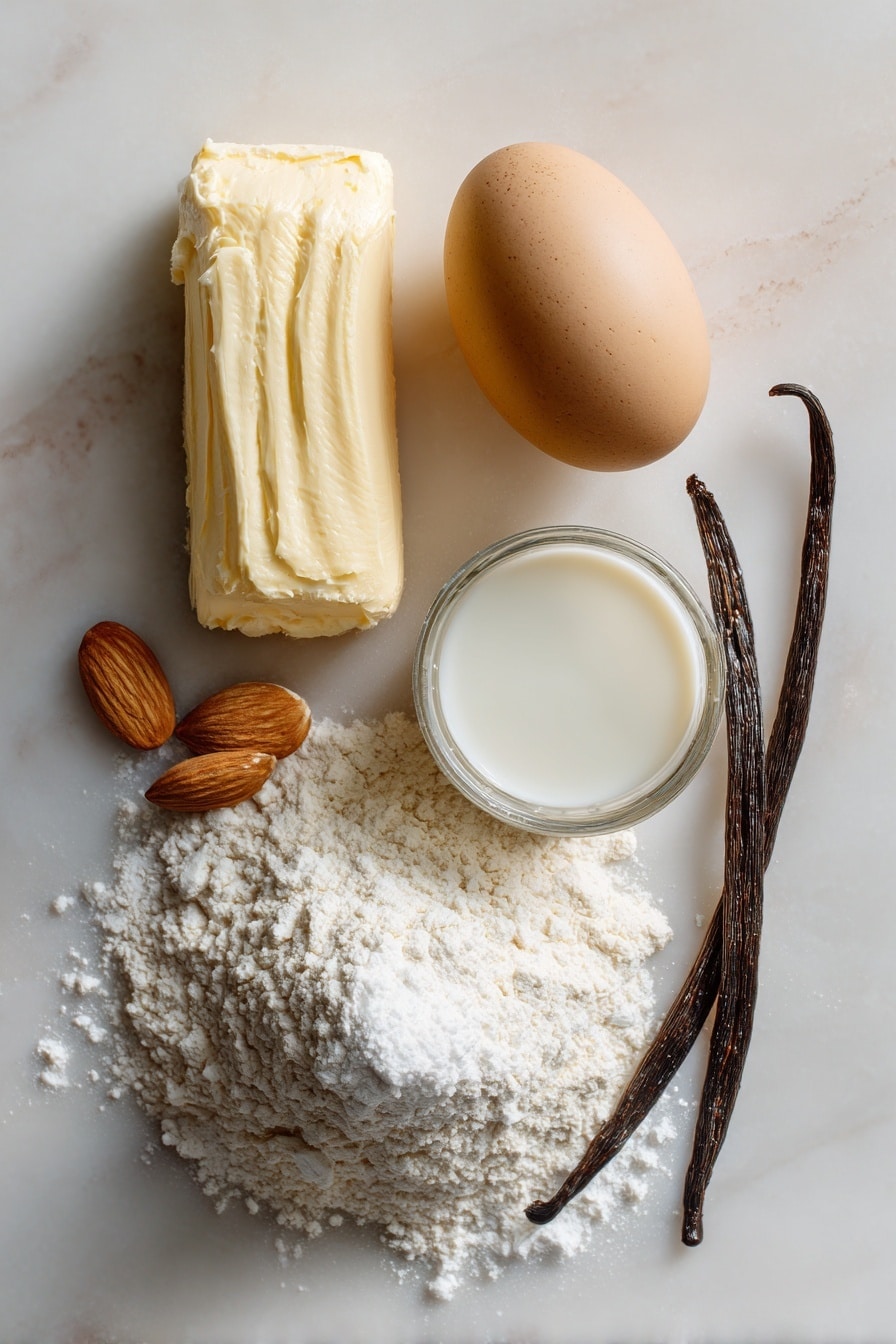 Flat lay of softened pale yellow butter blocks, smooth white almond paste with a slightly crumbly texture, a glossy brown large egg, a small glass of creamy white 2% milk, pure white confectioners' sugar in soft mounds, fine white all-purpose flour dusted lightly, vivid black food coloring paste in a small dollop, and a colorful mix of bright jumbo sprinkles, shiny red peppermint candies, and glossy rainbow Skittles, all neatly arranged with natural spacing and varying textures, placed on white marbled surface, photo taken with an iphone --ar 2:3 --v 7 - Day of the Dead Cookies, Día de los Muertos sugar cookies, festive holiday cookies, colorful skull cookies, almond-flavored cookies