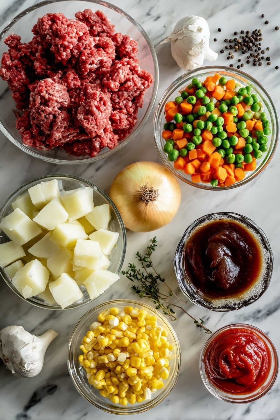 Flat lay of fresh ground beef with rich deep red color, peeled and chopped russet potatoes in creamy off-white chunks, a small yellow onion with bright golden skin and diced pieces, two cloves of garlic with papery white skin and minced bits, vibrant frozen mixed vegetables showing green peas, orange carrot slices, and yellow corn kernels, smooth dollops of bright red tomato paste, a small glass bowl of dark Worcestershire sauce, and whole black peppercorns scattered naturally, all arranged with a balanced mix of textures and colors, placed on white marbled surface, photo taken with an iphone --ar 2:3 --v 7 - Creepy Shepherd’s Pie, Ghost Shepherd’s Pie, Halloween Shepherd’s Pie, spooky shepherd’s pie, ghost potatoes recipe