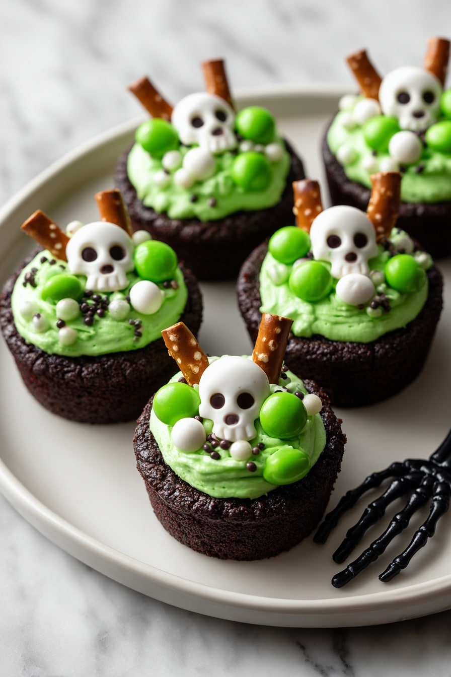 The image shows five dark brown chocolate cookie cups on a black plate, each filled with a smooth, bright green frosting that forms a rounded mound. On top of the green frosting, there are small white candy skulls, white dots, and small green round candies scattered unevenly. Each cookie cup has a single small pretzel stick standing upright in the frosting. The plate sits on a white marbled surface with some black plastic skeleton fingers partly visible at the bottom right corner. In the blurred background, there are green and black bottles and a black and white striped ball. photo taken with an iphone --ar 2:3 --v 7 - Cauldron Cookie Cups, Halloween Dessert Ideas, Fun Halloween Treats, Festive Cookie Cups, Easy Halloween Party Desserts