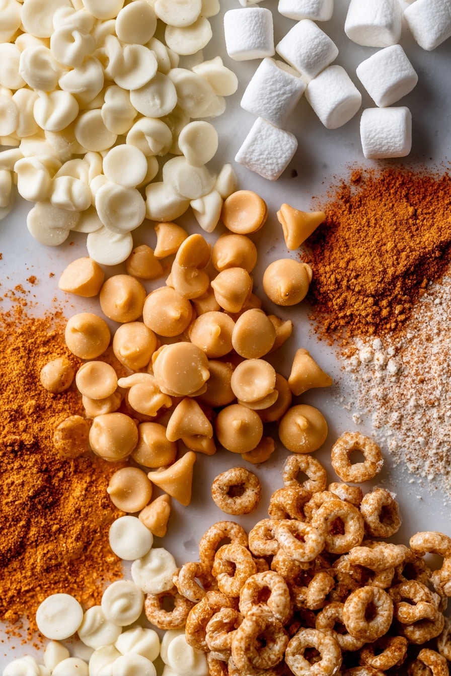 Flat lay of golden butterscotch chips with a smooth, shiny surface, creamy white miniature marshmallows in soft puffs, deep orange pumpkin pie spice powder sprinkled lightly, warm light brown cinnamon powder, crunchy Pumpkin Spice Cheerios with a mix of orange, brown, and beige hues, and glossy white chocolate chips with a smooth texture, all naturally arranged with gentle overlaps and small clusters, placed on white marbled surface, photo taken with an iphone --ar 2:3 --v 7 - Butterscotch Pumpkin Cheerio Treat Bars, seasonal fall snack recipes, easy pumpkin bar recipes, no-bake fall treats, pumpkin spice dessert bars