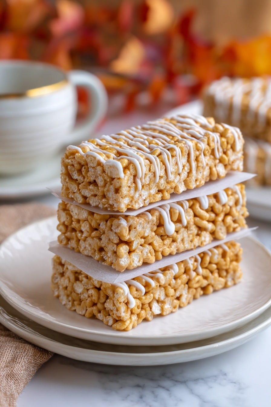 The image shows three rectangular pieces of crispy cereal bars stacked on top of each other, each separated by thin sheets of parchment paper. The bars have a light tan color from the cereal and a caramel-like coating binding the pieces together. The top layer is decorated with white drizzle sauce, adding a textured pattern. The cereal pieces are puffed and porous, giving a crunchy look. The stack is placed on a set of white plates on a white marbled surface. In the blurry background, warm copper tones create a cozy atmosphere. photo taken with an iphone --ar 2:3 --v 7 - Butterscotch Pumpkin Cheerio Treat Bars, seasonal fall snack recipes, easy pumpkin bar recipes, no-bake fall treats, pumpkin spice dessert bars