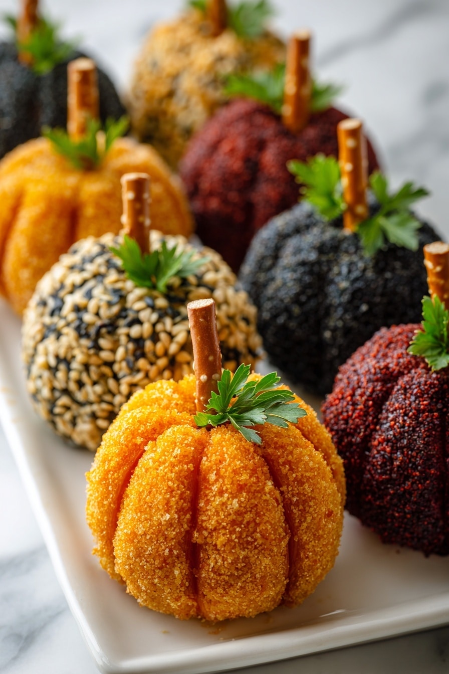 The image shows small round balls shaped like pumpkins, each with a textured outer layer of different colors and coatings. In the front center, there is a bright orange ball covered with a crumbly coating, featuring grooves to look like pumpkin segments, topped with a small pretzel stick as the stem and a green parsley leaf on the side. Surrounding it are other similar pumpkin balls coated in a dark red powder, black and white sesame seeds, and another coat of small crumbs in orange and black shades. They are arranged neatly in rows on a white rectangular plate that sits on a white marbled surface. The photo taken with an iphone --ar 2:3 --v 7 - Mini Pumpkin Cheese Balls, festive appetizer ideas, fall party snacks, cheesy pumpkin bites, easy holiday appetizers