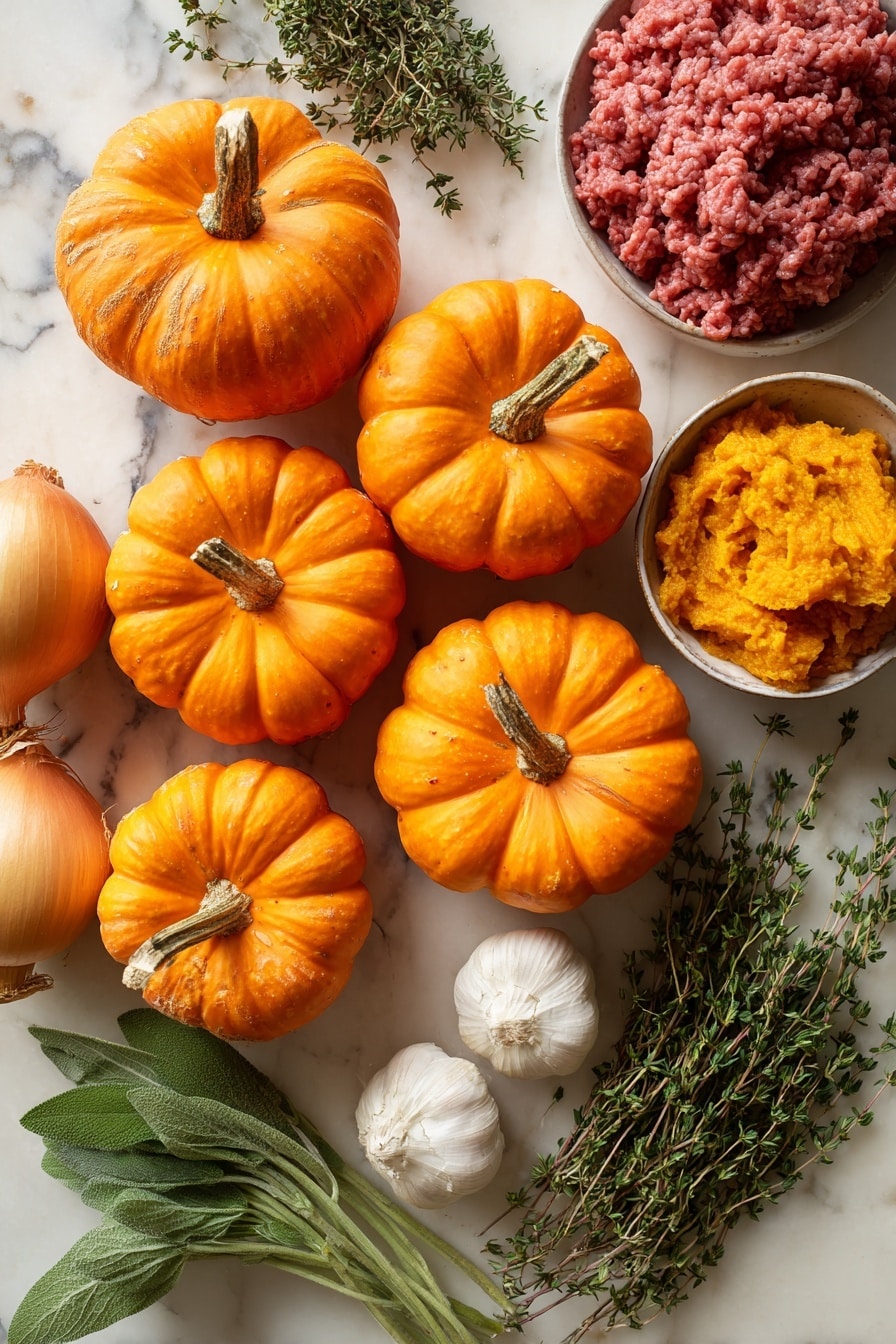 Flat lay of vibrant orange mini pumpkins with smooth skins and green stems, a heap of rich red ground beef, a small bowl of bright golden pumpkin puree, a large yellow onion with papery outer layers partially peeled, two garlic cloves showing off their white, slightly textured skins, fresh green thyme sprigs, oregano leaves, and chopped sage with soft velvety texture, all naturally arranged in a loose, organic pattern with warm colors contrasting against fresh herbs, placed on white marbled surface, photo taken with an iphone --ar 2:3 --v 7 - Stuffed Mini Pumpkins with Savory Ground Beef and Pumpkin Puree, fall pumpkin appetizer, stuffed pumpkin recipe, savory pumpkin dinner, festive mini pumpkin bites