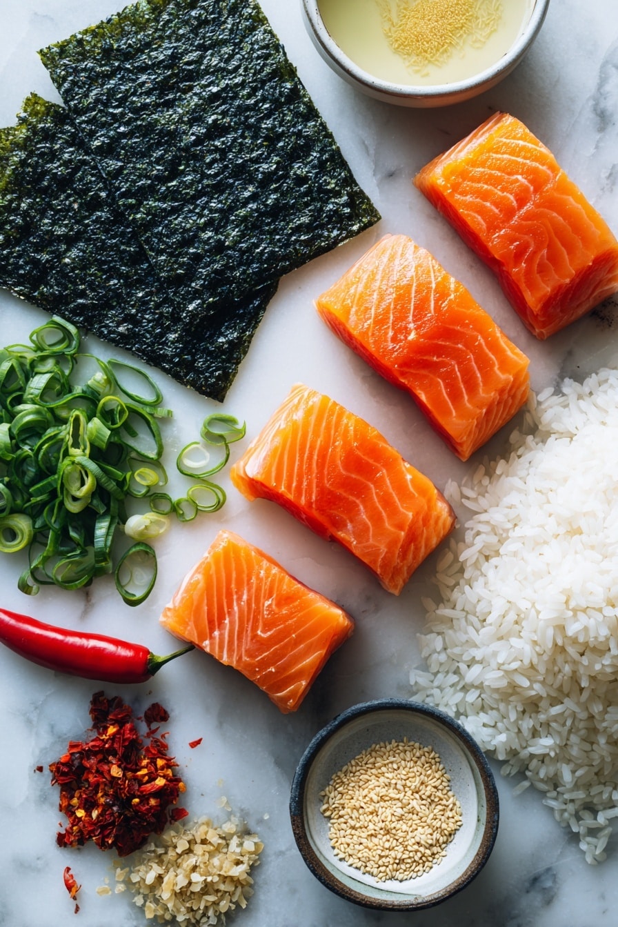 Flat lay of vibrant cubed fresh salmon with its rich orange-pink color and smooth texture, glossy dark green nori seaweed sheets cut into neat rectangles, fluffy white sushi rice with a slightly sticky sheen, bright green sliced green onions scattered delicately, small piles of toasted sesame seeds and colorful furikake flakes, a small mound of pale yellow rice vinegar with a glassy surface, and a fresh red chili pepper hinting at spiciness, all beautifully arranged with natural spacing and balance, placed on white marbled surface, photo taken with an iphone --ar 2:3 --v 7 - Easy Baked Salmon Sushi Cups, baked salmon sushi cups recipe, salmon sushi cups appetizer, homemade sushi cups with salmon, quick sushi cups for parties