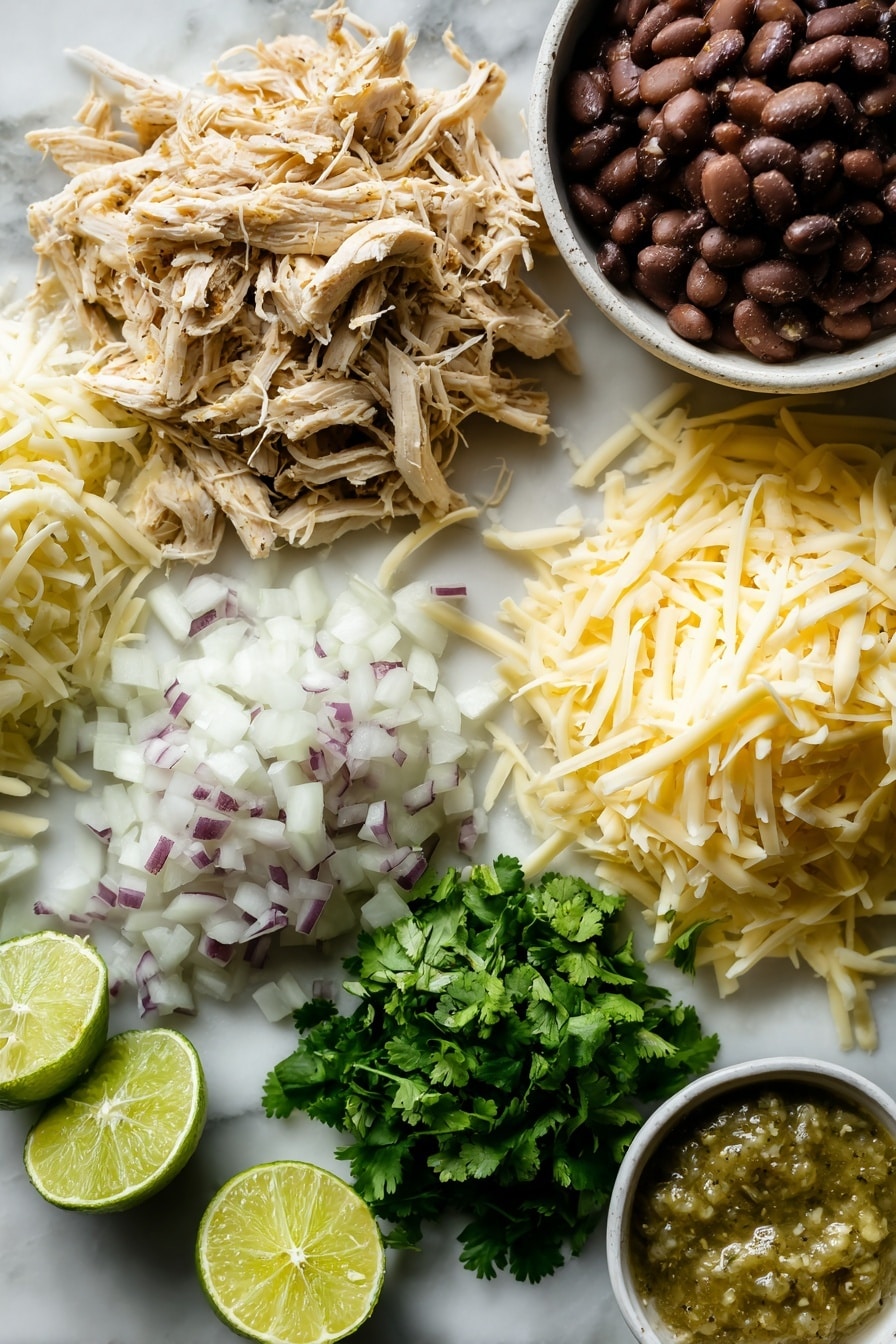 Flat lay of shredded rotisserie chicken with warm golden tones, diced sweet onion in soft white and purple hues, vibrant green salsa verde with a slightly chunky texture, creamy shredded Monterey Jack cheese with off-white strands, stringy Oaxaca cheese in pale yellow, a fresh lime cut in half showing bright green flesh, rich and smooth refried beans in earthy brown, and a handful of bright green chopped cilantro leaves, all naturally arranged with some overlapping and small piles to show texture and freshness, placed on white marbled surface, photo taken with an iphone --ar 2:3 --v 7 - Chicken Chimichangas, Best Chicken Chimichangas, Mexican Chicken Chimichangas, Crispy Chicken Chimichangas, Easy Chicken Chimichangas