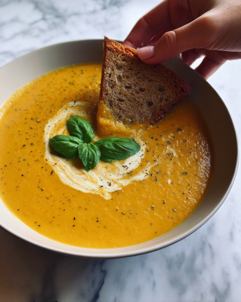 A woman’s hand dips a triangular piece of light brown bread into a bowl of thick, creamy orange soup with specks of black pepper and a swirl of white cream on top, garnished with a fresh green basil leaf in the center; the soup sits in a deep white bowl placed on a white marbled surface photo taken with an iphone --ar 4:5 --v 7