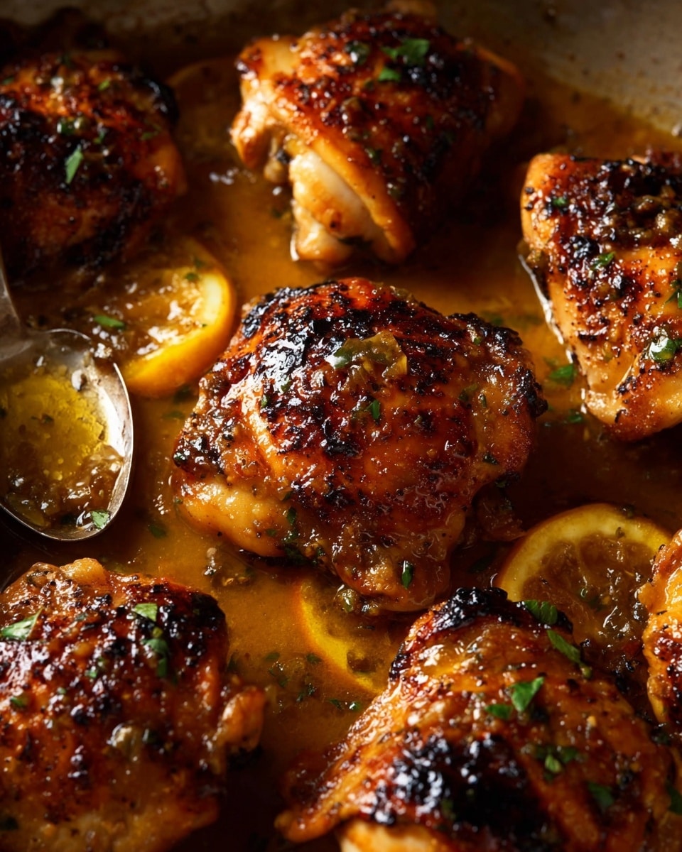 The image shows seven pieces of cooked chicken with a browned, slightly crispy skin, placed closely together in a shallow dish. The chicken has a golden brown color with charred spots and is sprinkled with small green herb bits. Below the chicken are thin slices of lemon, partly soaked in a golden sauce that pools at the bottom. In the background, a silver spoon lies in the sauce, reflecting some light. The overall setting has a warm, rich tone with the food being the clear focus. Photo taken with an iphone --ar 4:5 --v 7