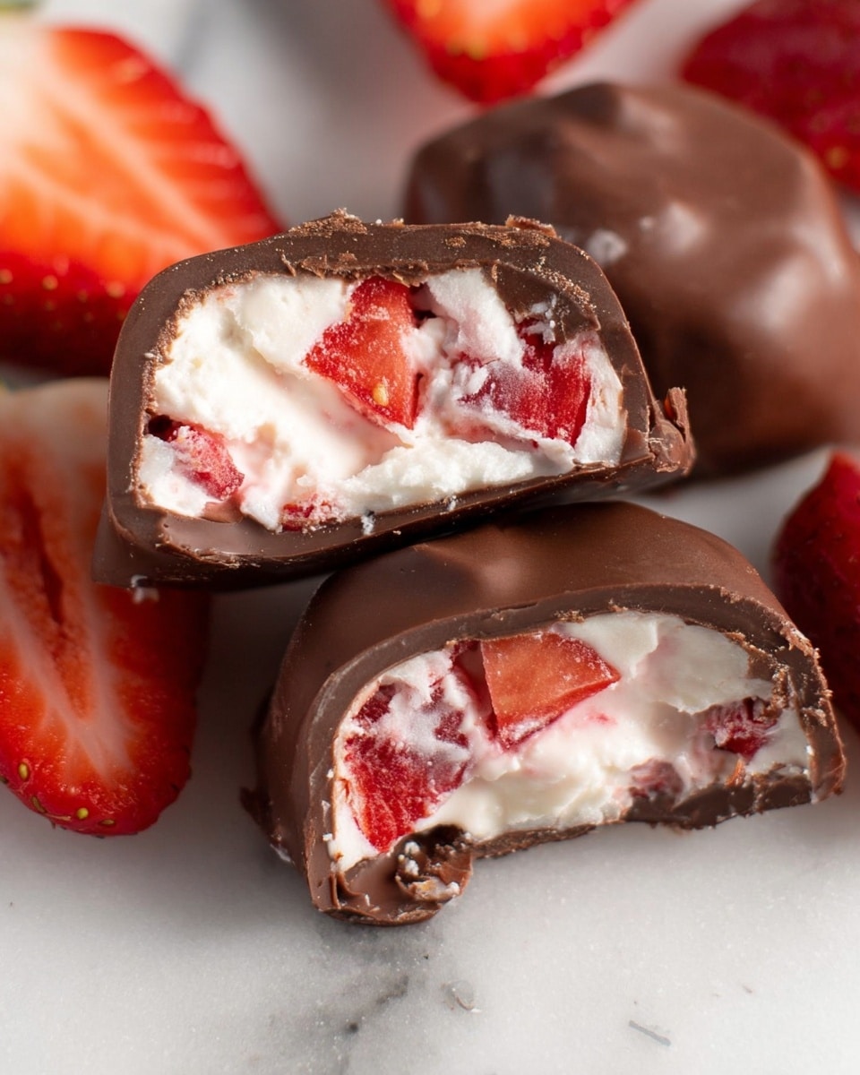 The image shows a chocolate candy cut in half, revealing three layers: the outside layer is a smooth dark brown chocolate shell, the middle layer is a soft white cream with visible soft pieces of bright red strawberry mixed in, and the strawberries add a splash of red inside. The two halves rest on a white marbled surface with fresh strawberry slices around them. The chocolate shell looks firm but slightly uneven around the edges. Photo taken with an iphone --ar 4:5 --v 7