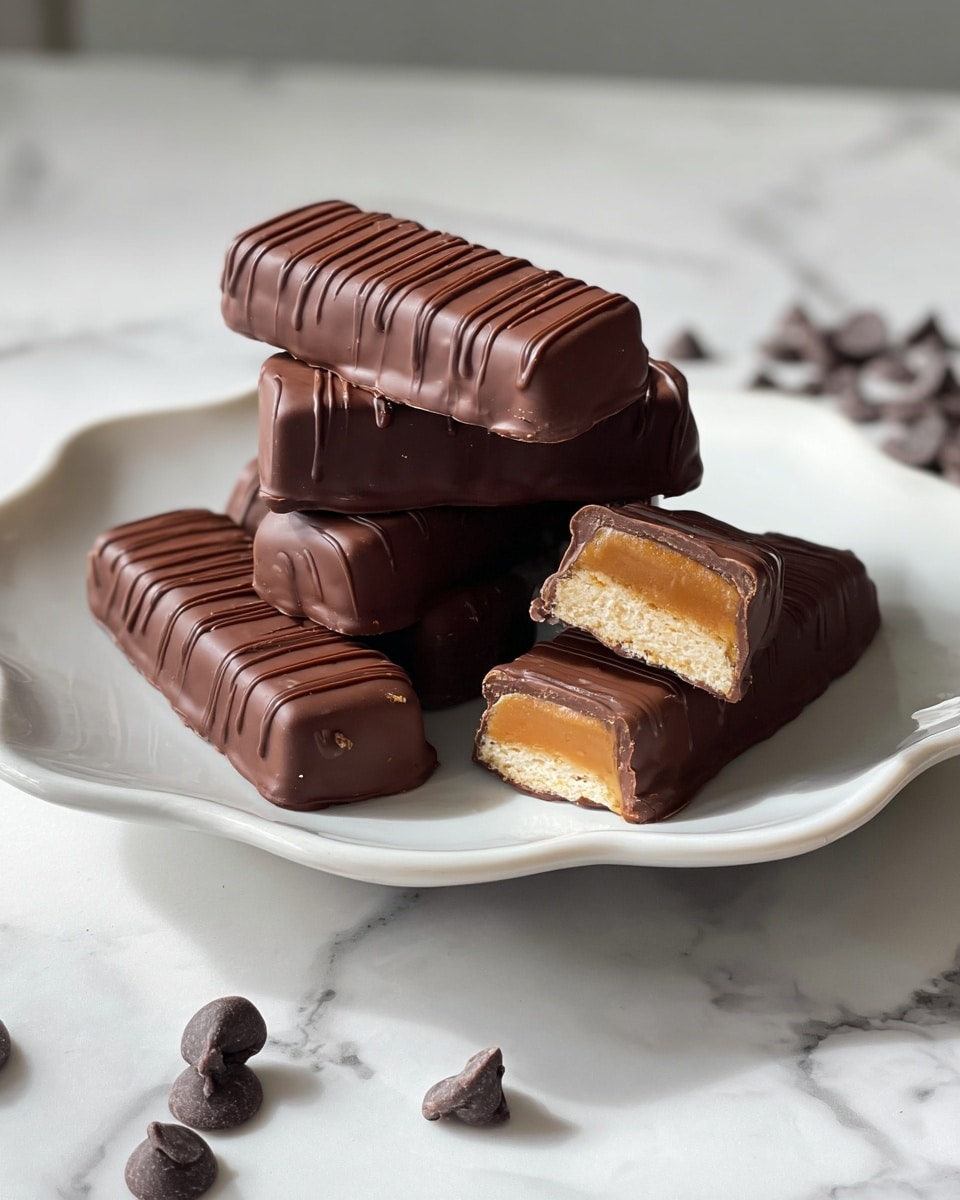 Five chocolate bars sit stacked on a white plate with soft wavy edges. Each bar is coated in smooth dark brown chocolate with thin drizzle lines on top. One bar is cut to show two layers inside: a thick caramel-colored top layer and a light beige bottom layer. The plate rests on a white marbled surface, with scattered dark chocolate chips around it. The lighting highlights the glossy texture of the chocolate. Photo taken with an iphone --ar 4:5 --v 7