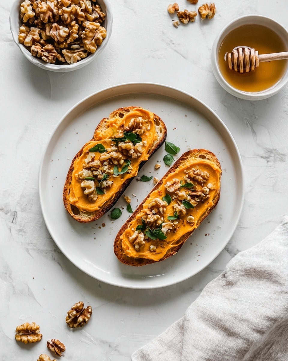 Two slices of toasted bread sit on a white plate over a white marbled surface. Each slice has a thick, smooth layer of bright orange spread topped with small pieces of walnuts and fresh green herb leaves scattered on top. Around the plate are a white bowl with scattered walnuts, a small white bowl with honey and a wooden honey dipper, and a light cloth napkin partially folded. The toast looks fresh and crunchy, with the toppings adding texture and color contrast, photo taken with an iphone --ar 4:5 --v 7