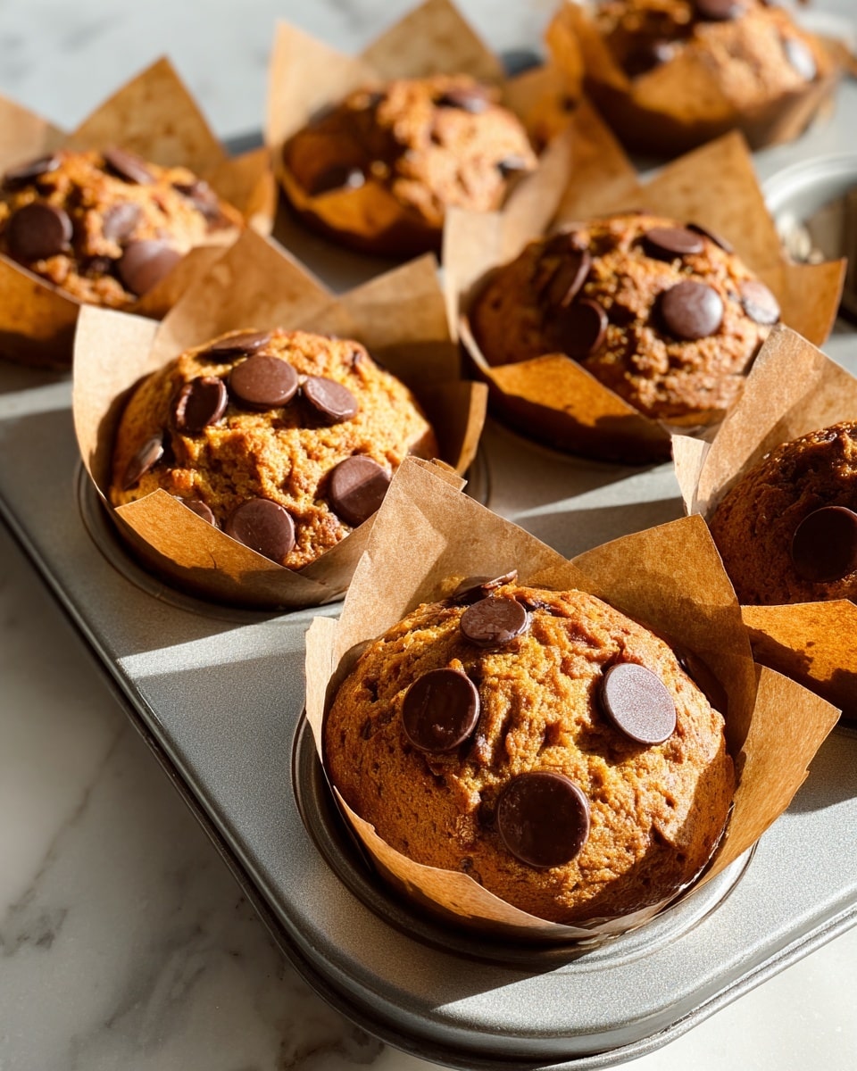 A close-up view shows four golden brown muffins with a rough, cracked top texture and large dark chocolate chips scattered on the surface. Each muffin is wrapped in light beige parchment paper that rises above the muffin tops, giving a layered, crinkled look. Three muffins are nestled together on a round wooden plate, with one muffin standing taller in the center. In the soft sunlight, the muffins have a warm glow, and the background is a white marbled surface with another metal muffin tray containing similar muffins blurred out. Photo taken with an iphone --ar 4:5 --v 7