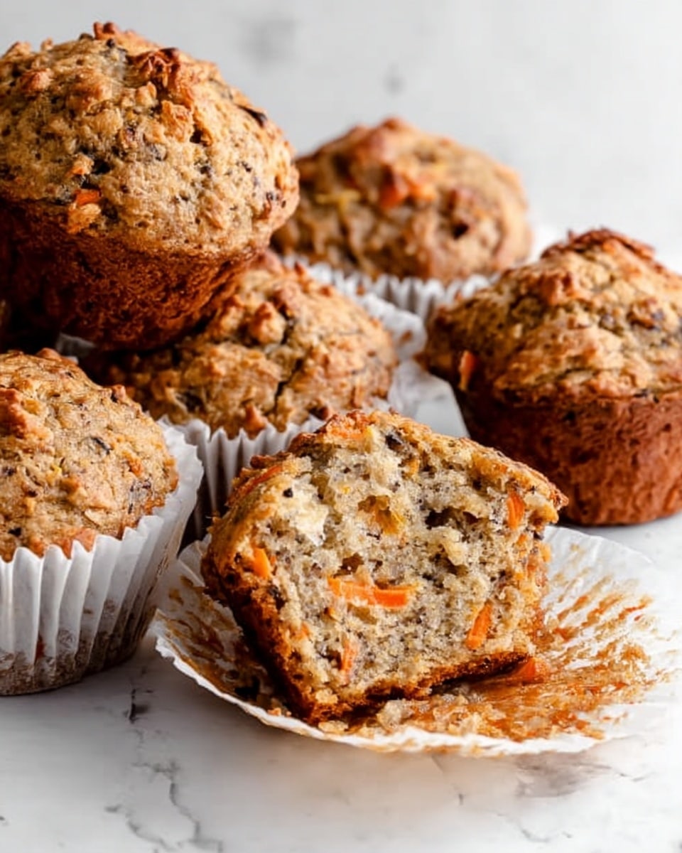The image shows five golden-brown muffins placed on a white marbled surface. The muffins have a slightly rough, textured top with small dark specks visible throughout, showing the presence of seeds or small ingredients. Each muffin is wrapped in a brownish paper liner, adding a rustic look. The focus is on one muffin in the front center, which is sharp and clear, while the others are softly blurred in the background, giving depth to the image. The lighting is soft and natural, highlighting the muffins' texture and color. photo taken with an iphone --ar 4:5 --v 7