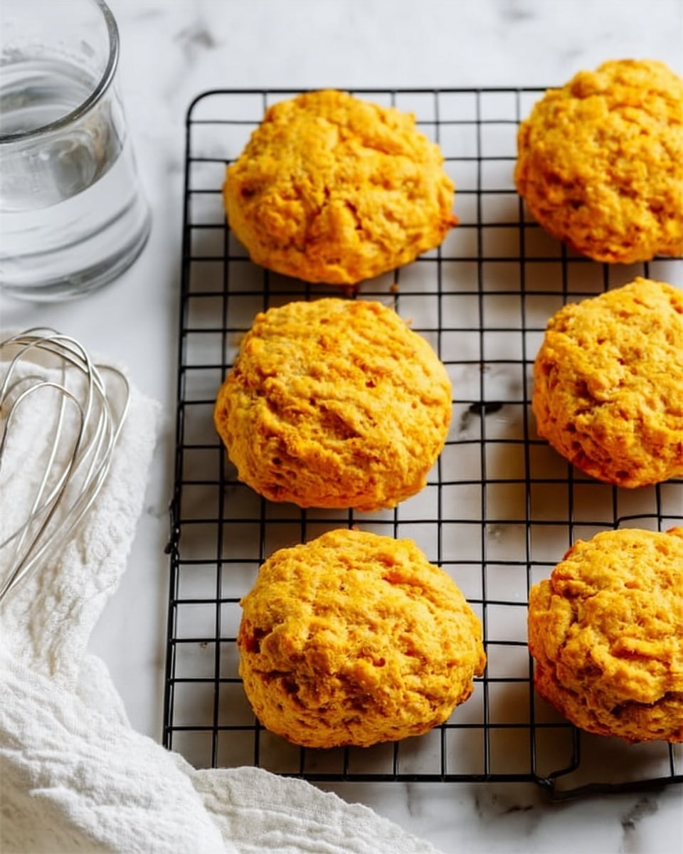 A clear glass container with a red lid slightly open shows a pile of about six rough, round sweet potato biscuits inside. The biscuits have a warm orange-brown color with a textured, crumbly surface. The container sits on a white marbled surface with a soft beige cloth nearby. A label on the container lid reads
