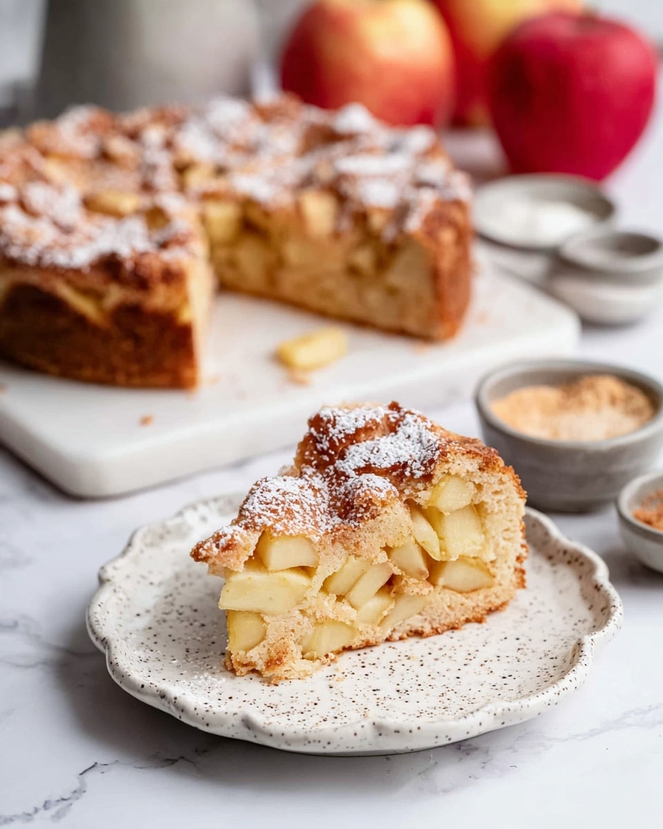 A round apple cake in a dark baking pan filled with a thick, uneven layer of golden brown cake batter that has pieces of light green apple chunks spread all over the top, with a slightly bumpy and textured surface showing small cracks. The pan is placed on a white marbled surface, surrounded by fresh red apples on a wooden board and white bowls with powdered sugar. photo taken with an iphone --ar 4:5 --v 7