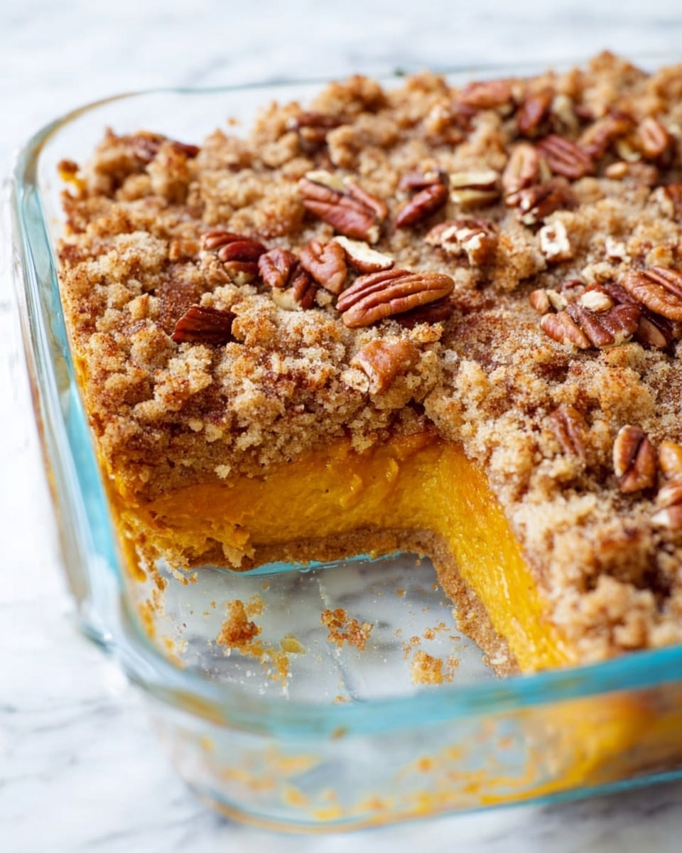 This image shows a square glass baking dish with a three-layer dessert inside. The bottom layer is thick and orange-yellow with a smooth texture, likely pumpkin or sweet potato. The middle layer is thin and hard to see clearly, acting as a base between the bottom and the top. The top layer is crumbly with light brown color and uneven texture, topped with whole and chopped pecans scattered across, adding a crunchy look. A slice is missing, showing the inside layers clearly. The dish sits on a white marbled surface. Photo taken with an iphone --ar 4:5 --v 7