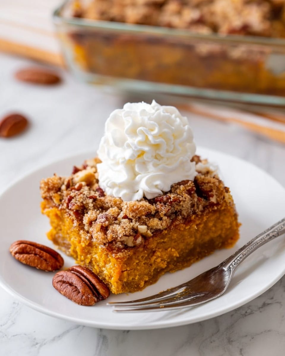 A square piece of dessert with two clear layers is placed on a white plate on a white marbled surface. The bottom layer is thick and golden brown with a soft texture, while the top layer is a crumbly streusel made with small pieces of pecans and a light brown color. On top of the dessert, there is a swirl of fluffy white whipped cream. Around the dessert on the plate, there are a few whole pecan nuts adding texture and color contrast. Photo taken with an iphone --ar 4:5 --v 7