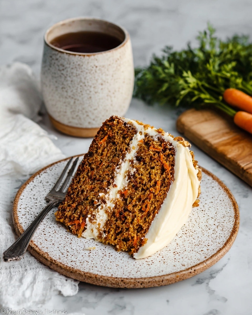 A slice of two-layer carrot cake sits on a speckled white plate, each layer in a warm brown color with visible orange carrot bits, separated by a thick layer of smooth, creamy light beige frosting. The sides of the cake are also covered with the same frosting, slightly spilling out at the bottom. The plate rests on a white marbled surface with a small bunch of green carrot tops to the right. To the left is a white speckled cup filled with a dark liquid, likely tea, and a silver fork lies nearby next to a white cloth. Photo taken with an iphone --ar 4:5 --v 7