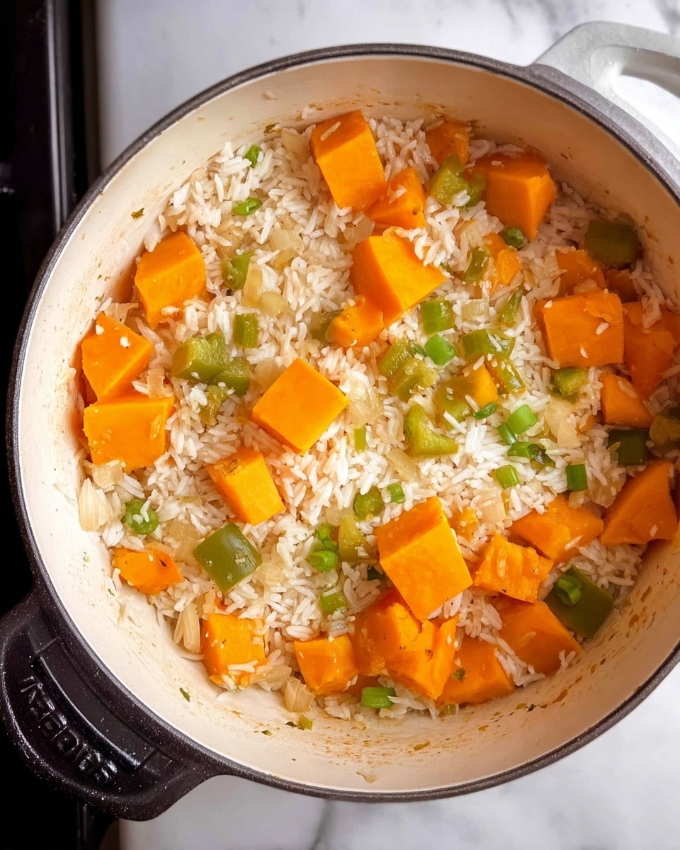 The image shows a close-up of a white pot filled with a simple cooked dish. The base layer consists of fluffy white rice spread evenly. On top of the rice are large, soft orange cubes of squash, scattered all over. Mixed in between are small chopped pieces of green bell pepper and translucent diced onions, adding color contrast and texture. The pot is positioned on a white marbled surface, with a black stove handle visible at the bottom left side of the pot. The lighting highlights the soft texture and warm colors of the dish, making it look fresh and tasty. Photo taken with an iphone --ar 4:5 --v 7