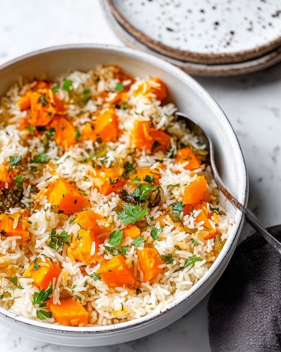 A close-up of a white pot filled with a rice dish layered with soft, orange pumpkin chunks scattered evenly throughout. The rice is light beige with a slightly fluffy texture, mixed with small pieces of white onions and bits of green herbs and jalapenos. Bright green parsley leaves are sprinkled on top as a fresh garnish. A silver spoon rests inside the pot, digging into the rice and pumpkin. The pot is placed on a white marbled surface. photo taken with an iphone --ar 4:5 --v 7