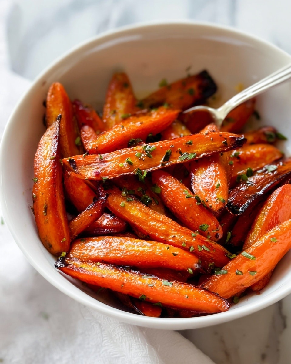 The image shows a close-up of roasted carrots in a white bowl. The carrots are cut into long sticks of different sizes with a slightly browned and shiny texture, indicating they are cooked well. They are sprinkled with small green herb pieces, adding a fresh touch of color. The white bowl sits on a white marbled surface, giving the whole scene a clean and bright look. Photo taken with an iphone --ar 4:5 --v 7